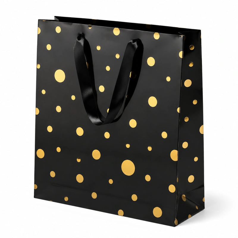 Borsa regalo 32 x 12 x 26 cm in carta nera e oro con manici in nastro