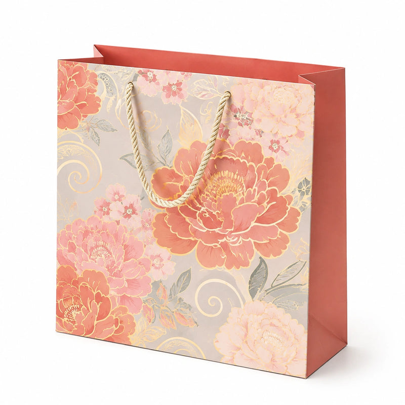 Borsa regalo 32 x 12 x 26 cm in carta rosa con manici in corda - floreale