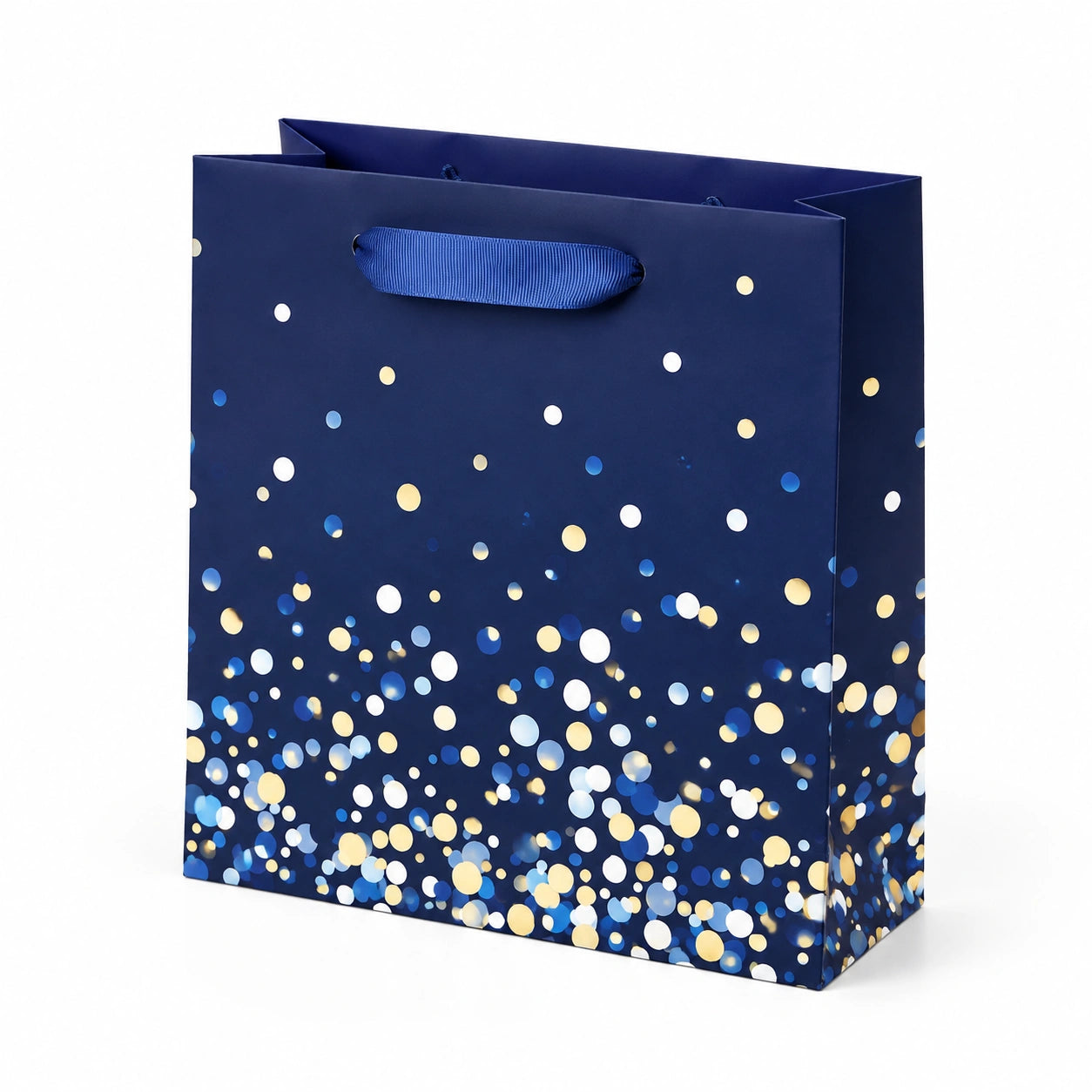 Sacchetto regalo 26 x 12 x 32 cm in carta blu con manici in nastro - motivo coriandoli