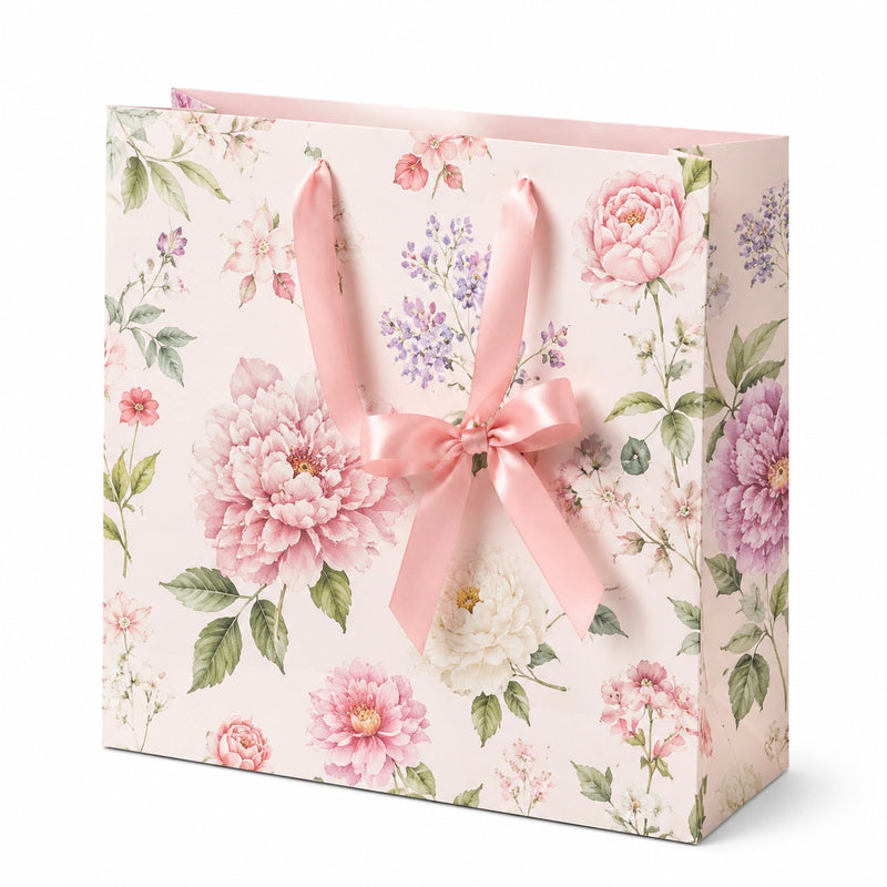 Borsa regalo 32 x 12 x 26 cm in carta rosa con fiori e manici in nastro di raso