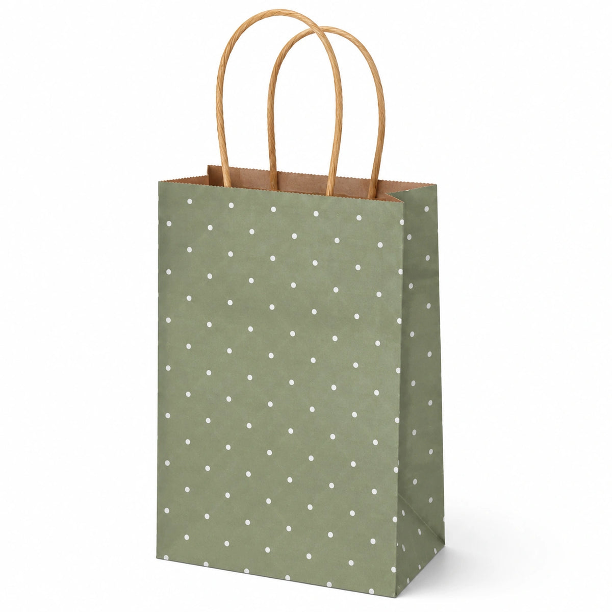 Sacchetto regalo 26 x 12 x 32 cm in carta verde a pois con manici ritorti
