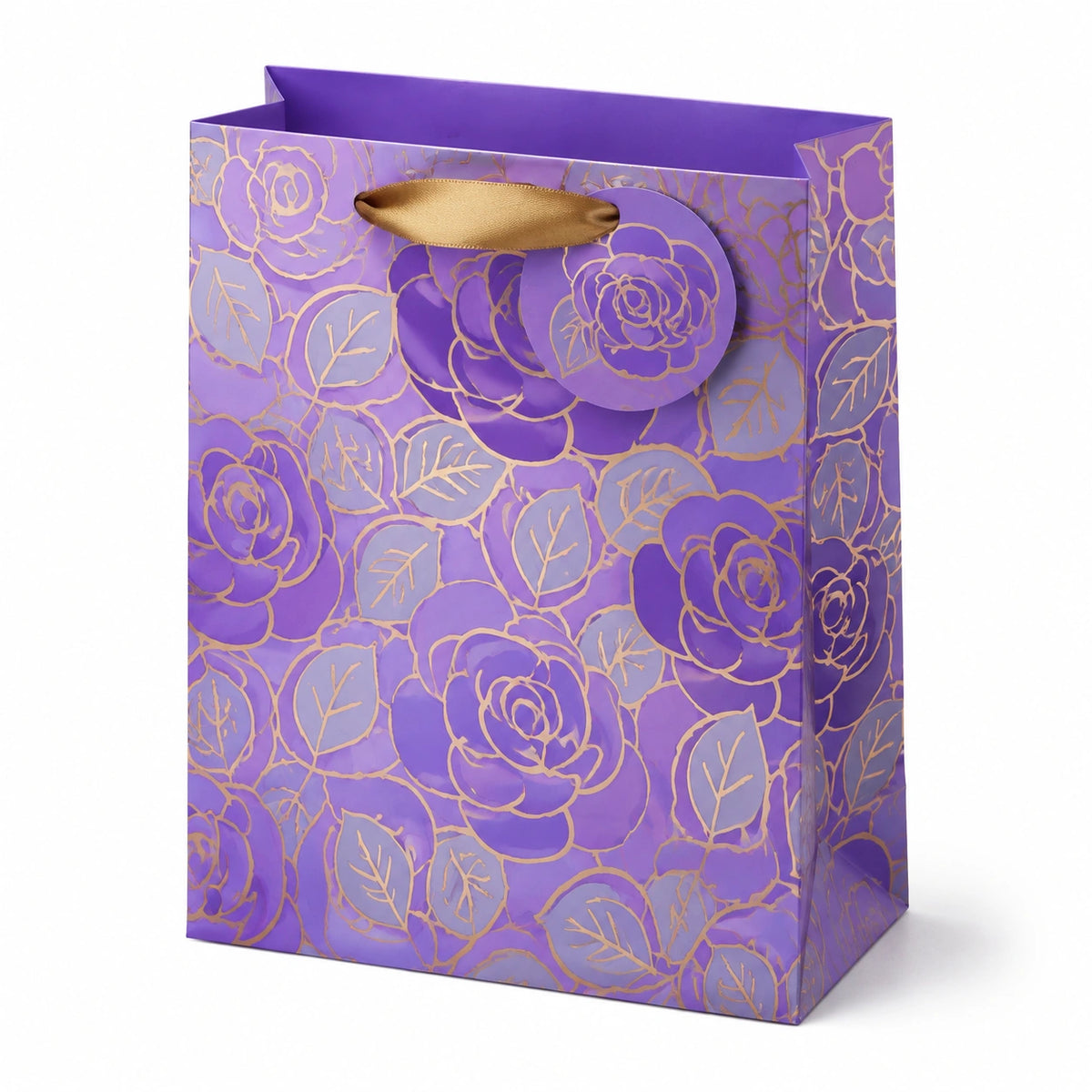 Sacchetto regalo 26 x 12 x 32 cm in carta viola con manici in nastro - motivo floreale