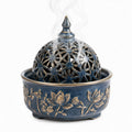 Bruciatore di incenso in ceramica Ø18 x 20 cm blu e oro con coperchio traforato decorativo