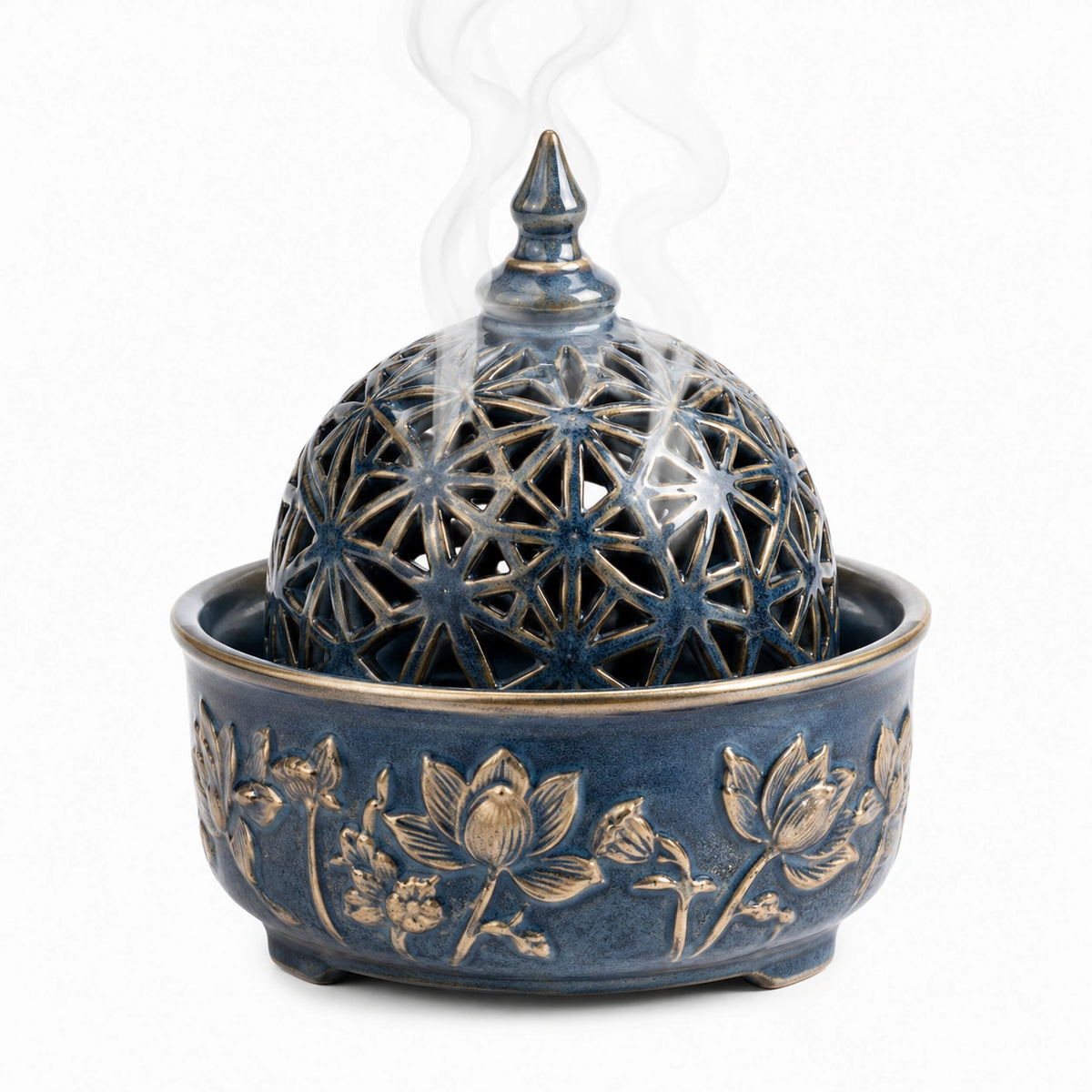 Bruciatore di incenso in ceramica Ø18 x 20 cm blu e oro con coperchio traforato decorativo