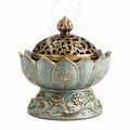 Bruciatore per incenso in ceramica 18 cm verde salvia e oro con coperchio traforato floreale