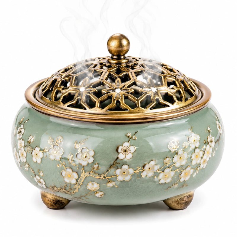 Bruciatore di incenso in ceramica 16 cm verde salvia con coperchio traforato floreale