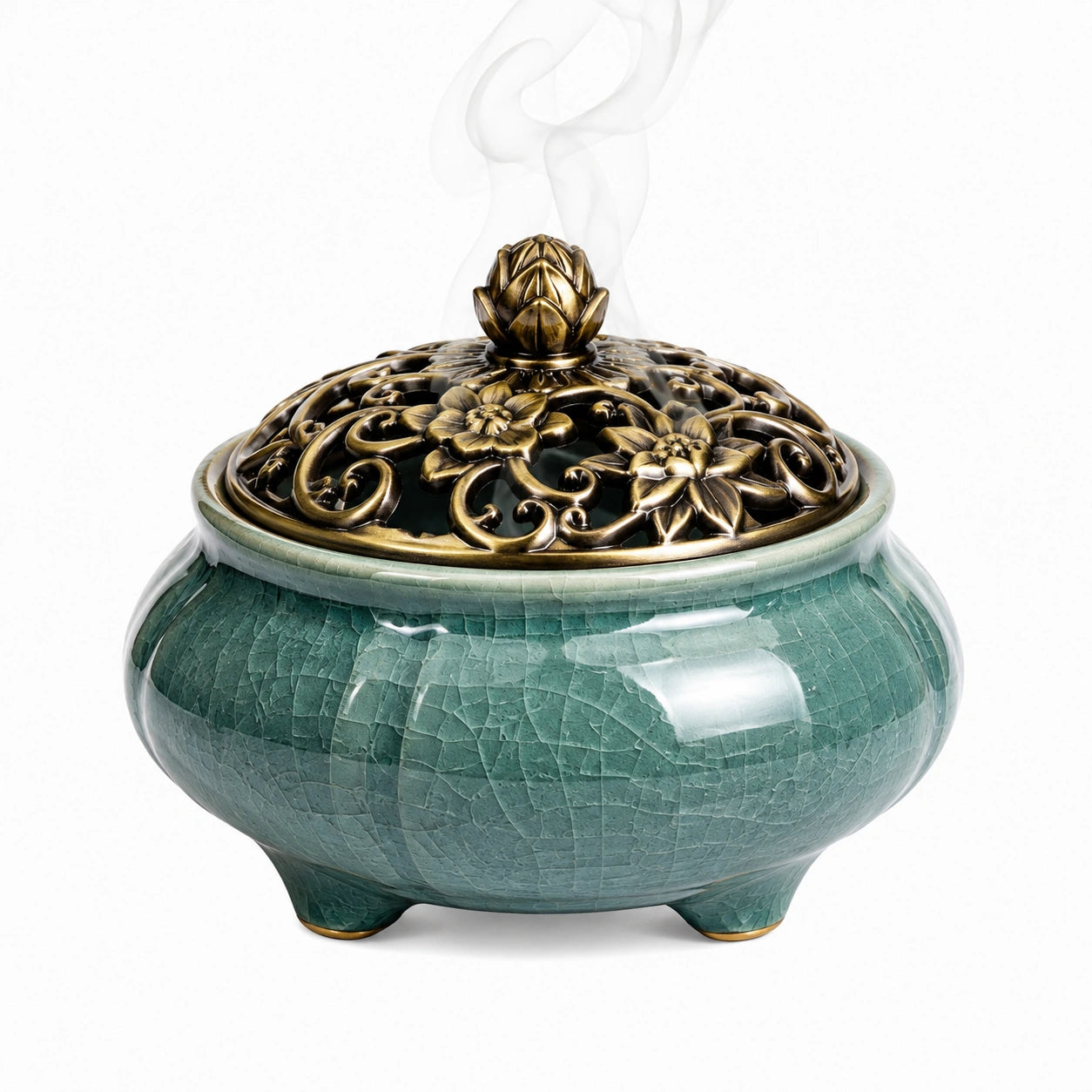 Bruciatore di incenso in ceramica Ø 18 cm verde con coperchio traforato in metallo stile floreale