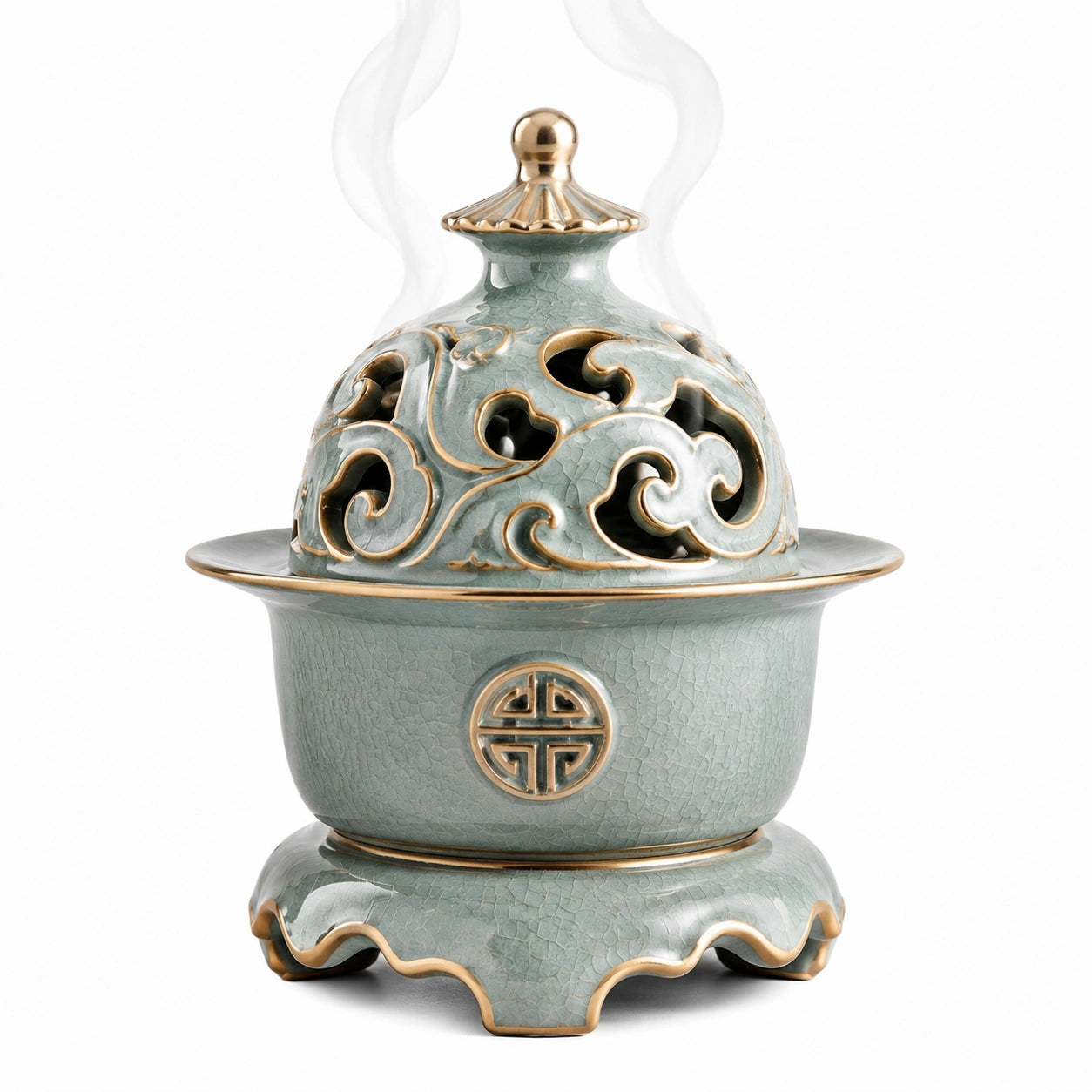 Bruciatore d'incenso in ceramica Ø20 cm verde salvia e oro con coperchio traforato
