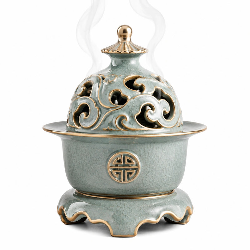 Bruciatore d'incenso in ceramica Ø20 cm verde salvia e oro con coperchio traforato