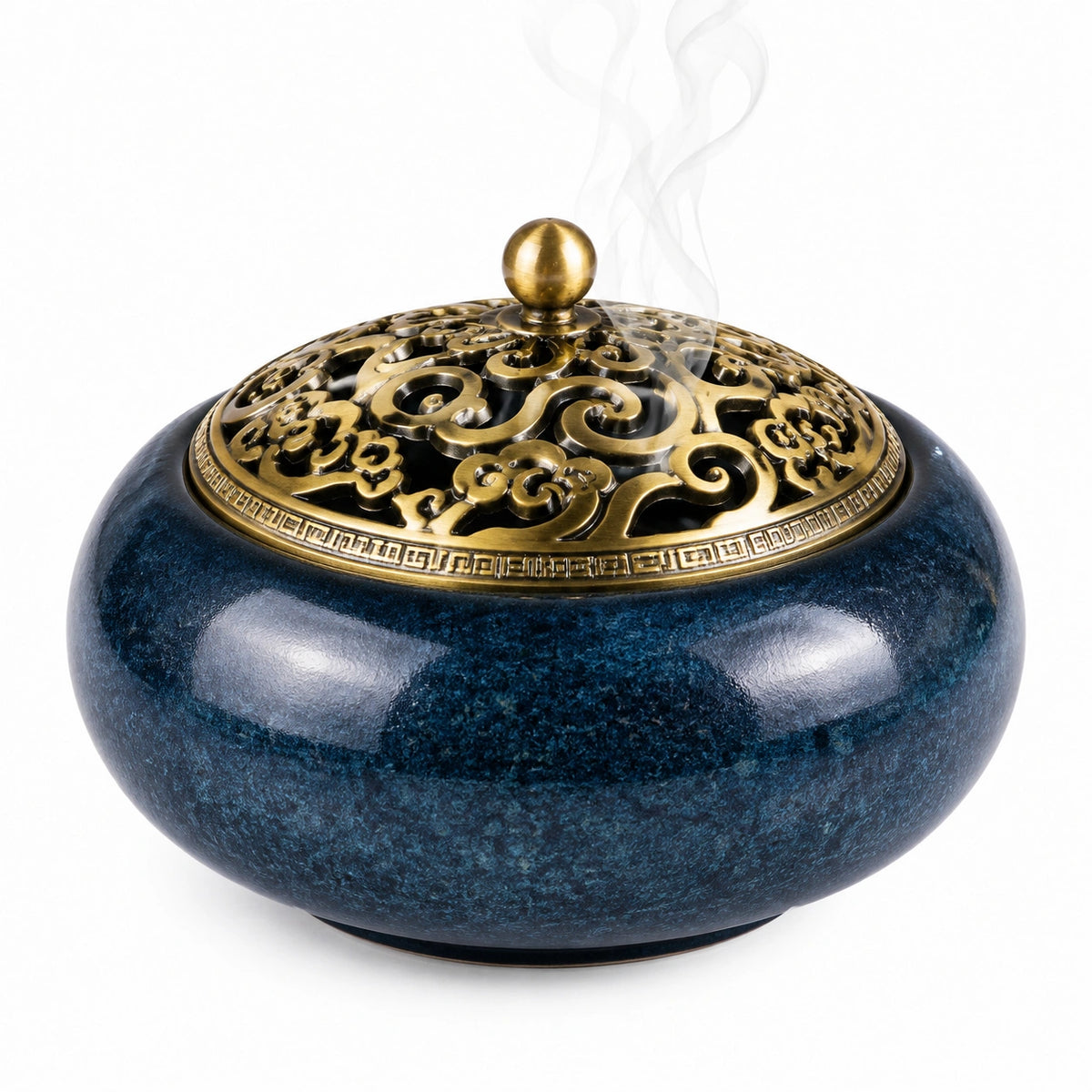 Bruciatore di incenso rotondo 16 cm in ceramica blu con coperchio traforato in metallo decorativo