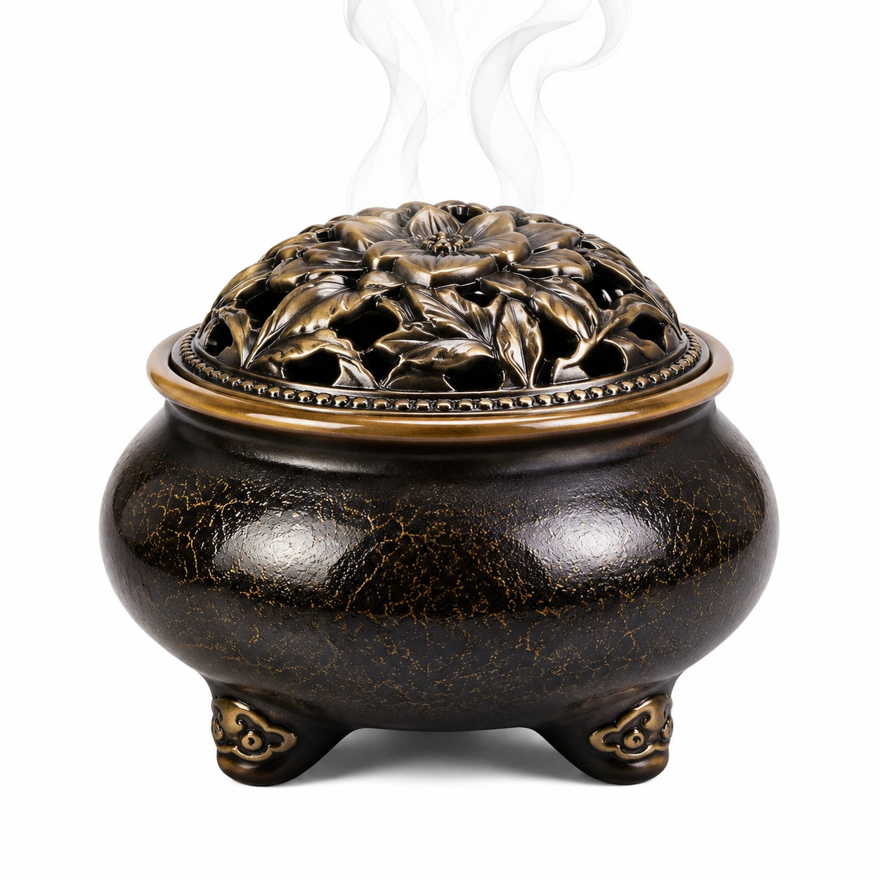 Bruciatore di incenso in ceramica 16 cm nero e bronzo con coperchio traforato floreale