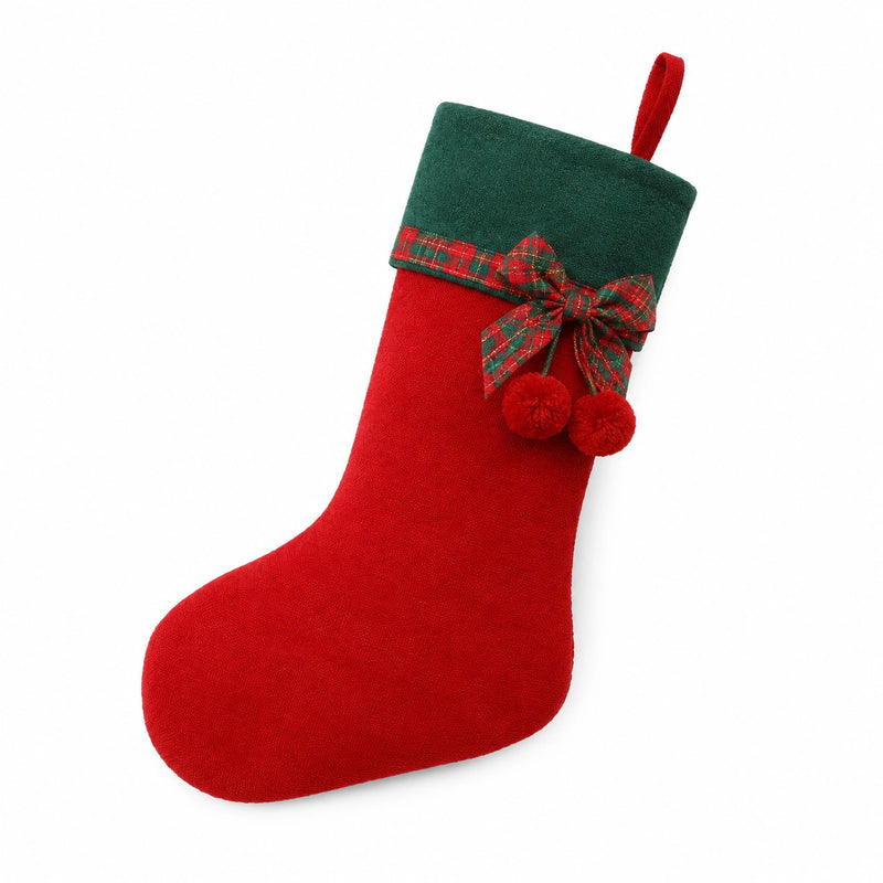 Calza decorativa 45 cm in tessuto rosso e verde con passante stile natalizio
