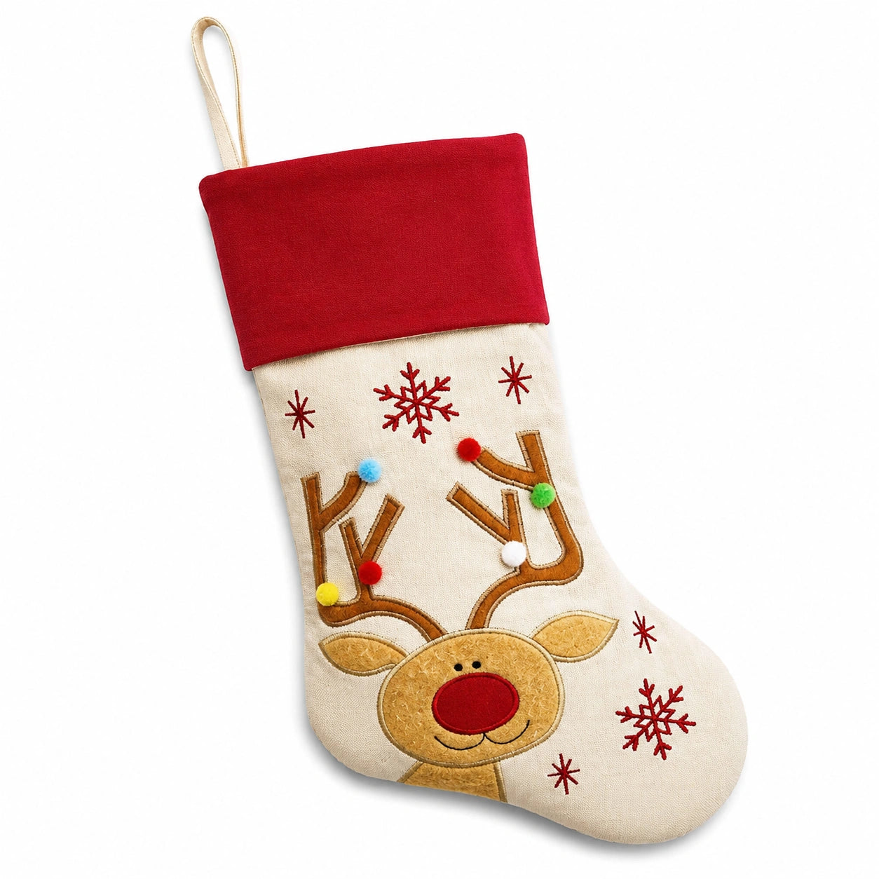 Calza natalizia decorativa 45 x 30 cm in tessuto rosso e beige con renna da appendere