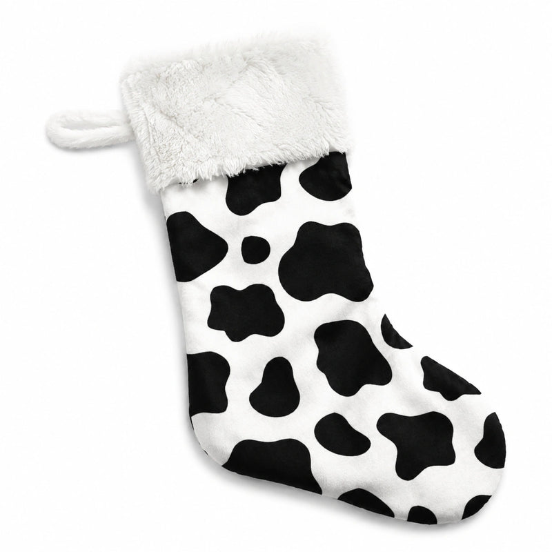 Calza decorativa 45 cm in tessuto peluche bianco e nero con stampa maculata e passante da appendere