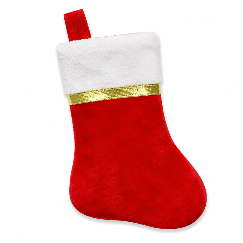 Calza decorativa natalizia in tessuto rosso bianco e oro con passante