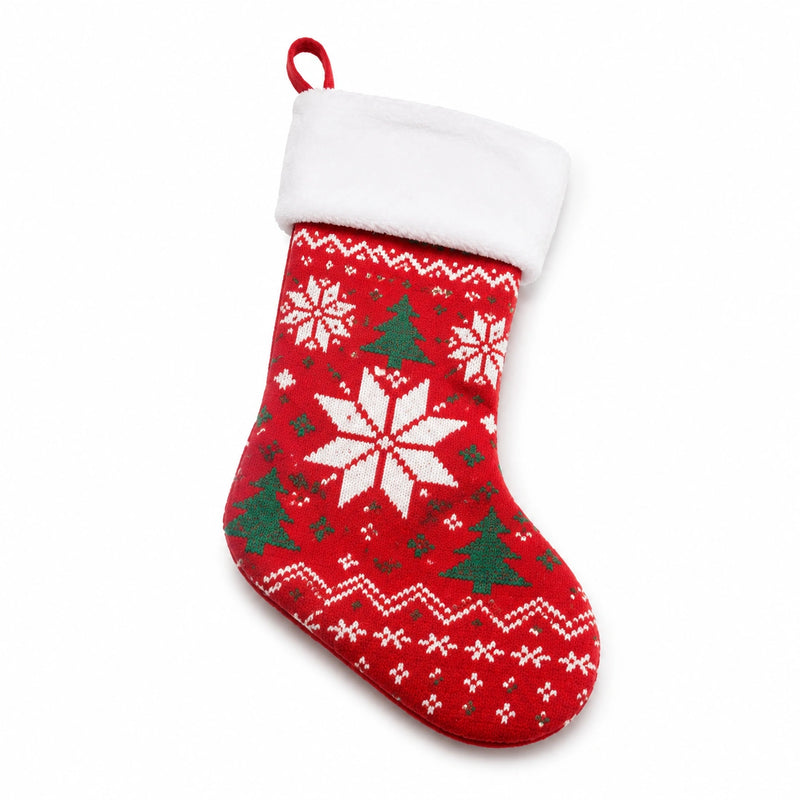 Calza di Natale 45 cm in tessuto rosso con motivo fiocchi di neve e appendino