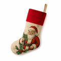 Calza natalizia 45 cm in tessuto beige e rosso con stampa Babbo Natale - decorazione da appendere