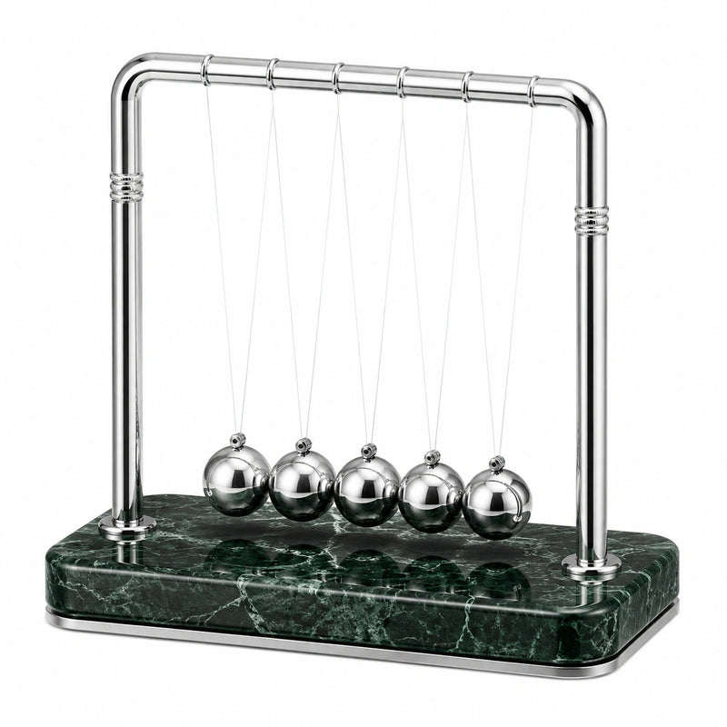 Pendolo di Newton 30 x 12 x 30 cm in metallo argento con base verde effetto marmo - decorazione da scrivania