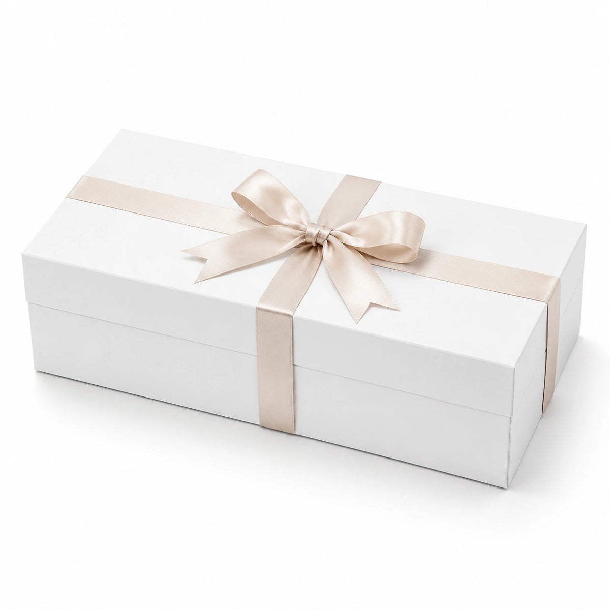 Scatola regalo 30 x 20 x 10 cm in cartone bianco con nastro satinato champagne - rettangolare con coperchio