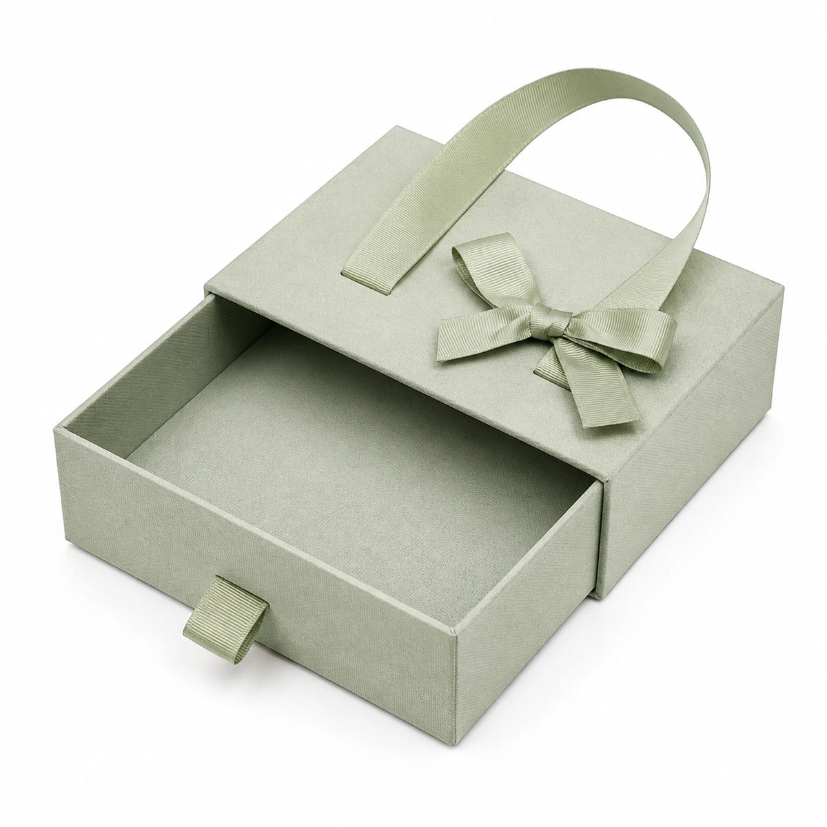 Scatola regalo 20 x 15 x 6 cm in cartone verde salvia con cassetto e manico a nastro