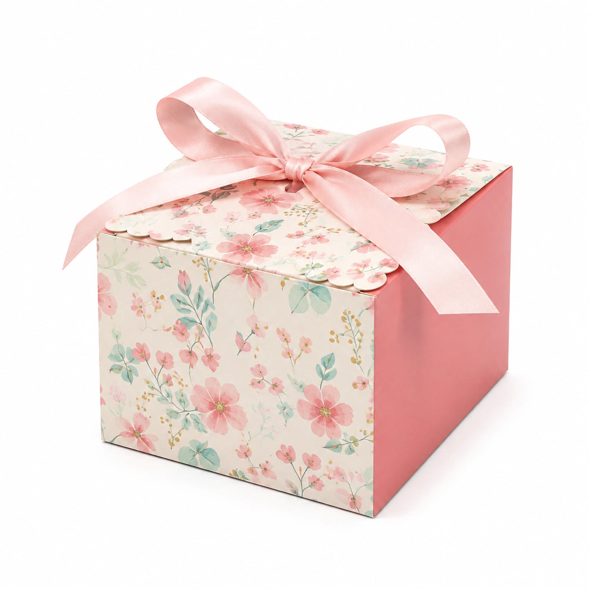 Scatola regalo 20 x 20 x 15 cm in cartoncino rosa floreale con nastro di raso - confezione decorativa