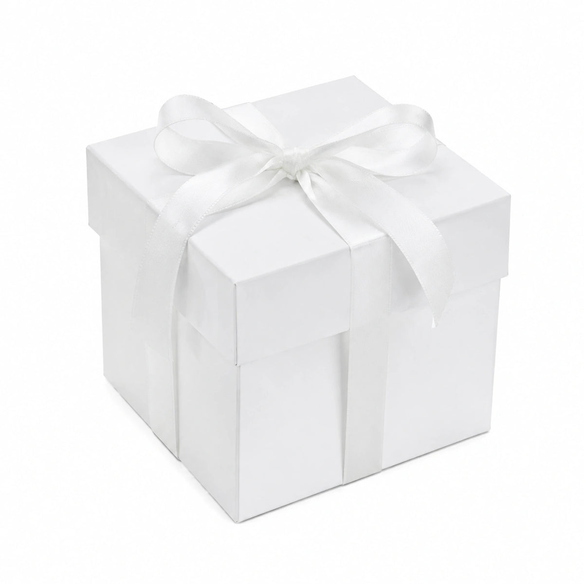 Scatola regalo quadrata 20 x 20 x 15 cm in cartone bianco con nastro in raso